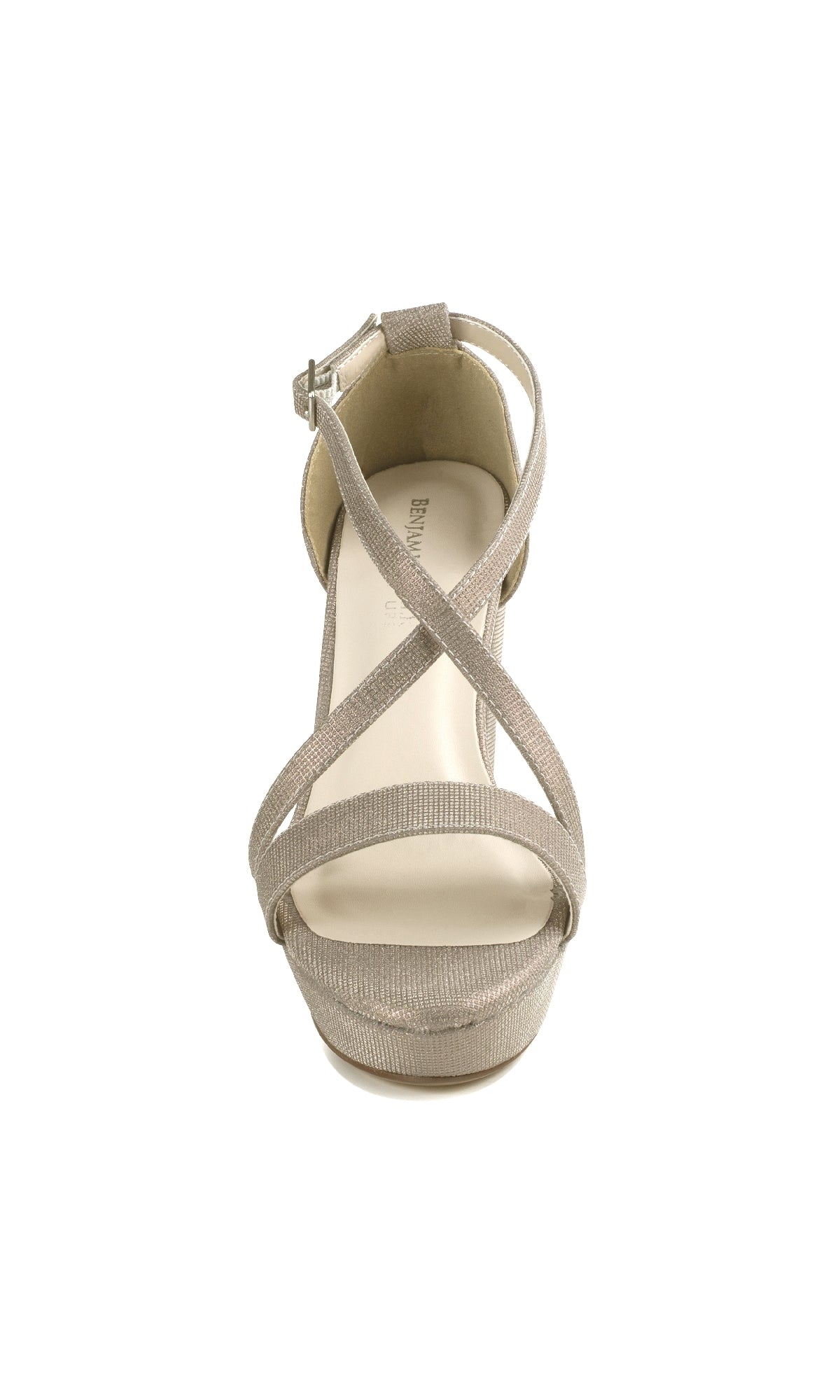 Front view of the Chloe Champagne Shimmer Prom Shoes (Touch Ups 4648): a beige, open-toe sandal with crisscross straps, ankle buckle, and chic block heels, shown against a white background.